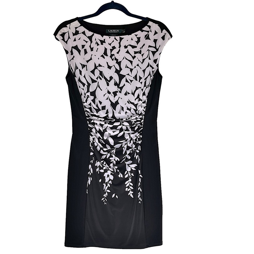 Lauren Ralph Lauren Black & White Print Ruched Panel Jersey Dress Size 6